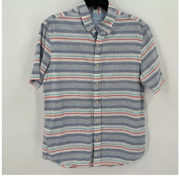 Chaps Shirt Mens XL Coastland Wash Short Sleeve Button Up Linen Blend Stripe - Picture 5 of 6